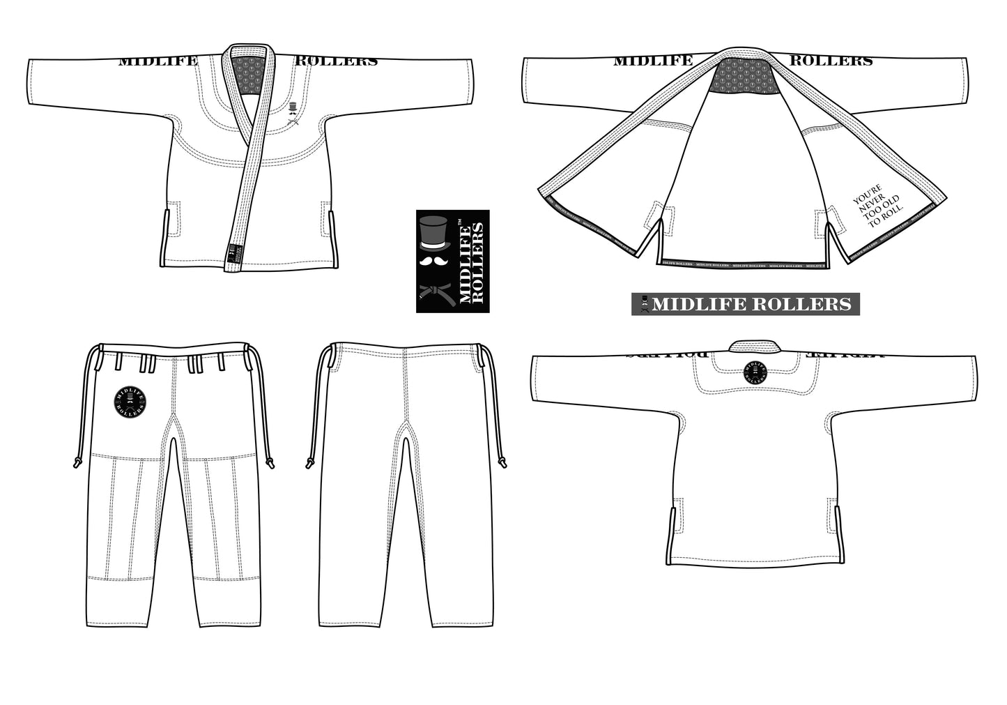 Official Midlife Rollers JiuJitsu Kimono (GI)  - White and Black