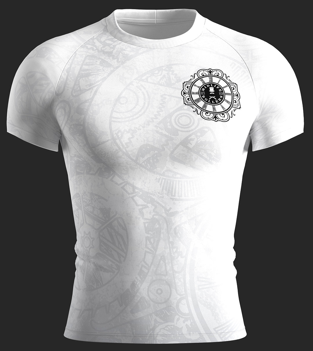 Midlife Rollers Clockwork Short Sleeve White Belt Rash Guard